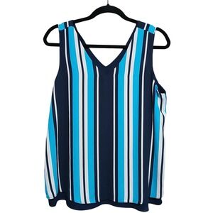 Ann Taylor Factory Women Striped V Neck Sleeveless Blouse Top Blue White Navy M